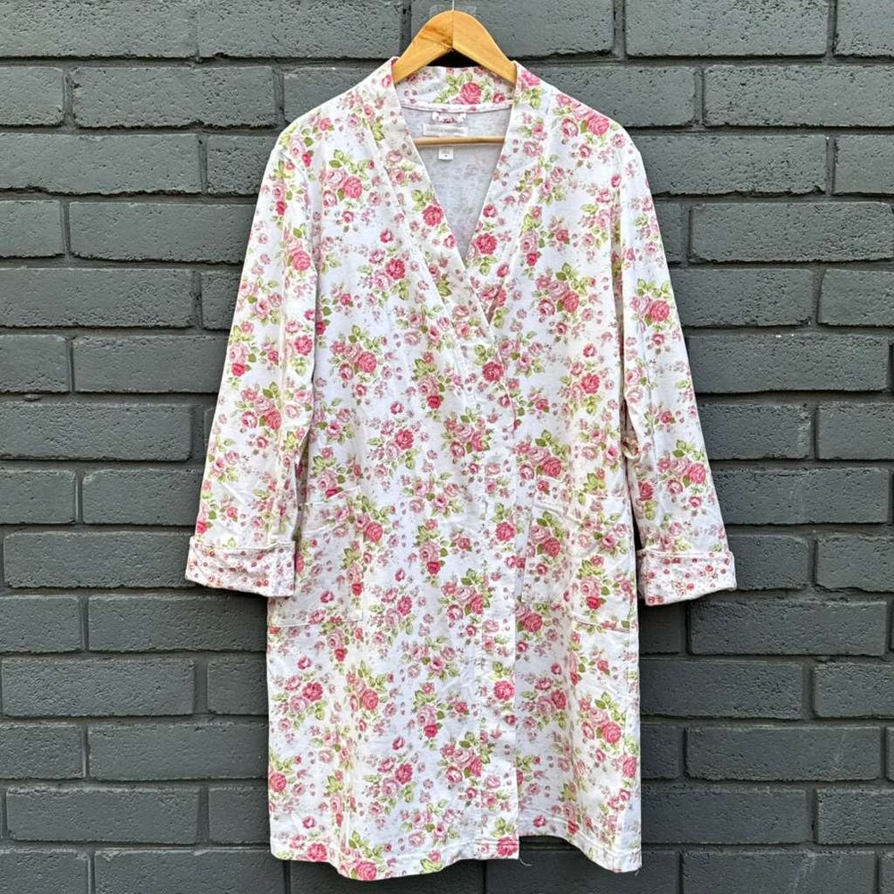 Carole Hochman Women White Pink Roses Floral Wrap Robe with Pockets M Grannycore